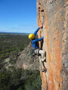 Dave is jamming his way to glory on the grade 18 test piece The Rack, Colosseum Wall.