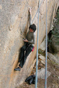 Belay-cam shot of Esther Thompson on Ugly Voyage 25 Black Hill.