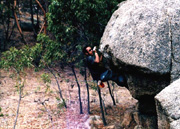 Stewart Beekmeyer on Mushroom. The easier line, a different method. He's about to fall off.