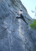 Nick on the The Egyption (26), a crumbly sport route at the Pyramids.