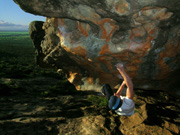 Chris on Wimmelfriedhoff, V5 at Hollow Mountain cave.