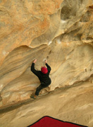 Scott Clarke nails the last hold the scary Nevin Rule, V7, at The Kindergarden