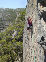 Neil seconding the 2nd pitch traverse of Patagonia, grade 16.