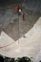 Shaggy at the roof pitch hanging belay of Passport To Insanity (27).