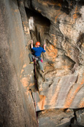 Will Monks onsighting Filton's Folly (17), Echoes Block, Hollow Mountain.