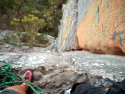 Looking down from the top of P2 on Simpleton (18), Central Buttress.