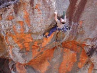 Nick McKinnon repeats the sustained sandstone route, Variance (24), on the backside of Red Rocks
