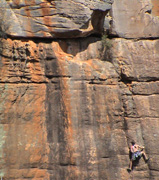 Unknown climber leading Lofty Odours, grade 21 on the Wall Of Fools.