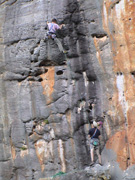 Owen leading the wickedly pumpy sport route "Terminal Insomnia", grade 22