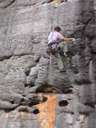 Owen leading the wickedly pumpy sport route "Terminal Insomnia", grade 22