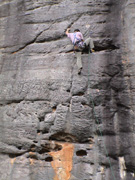 Owen leading the wickedly pumpy sport route "Terminal Insomnia", grade 22