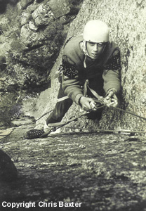 Chris Dewhirst approaching the second belay on the 1st ascent of Ozymandias, Mt Buffalo, 1969. Photo By Chris Baxter.