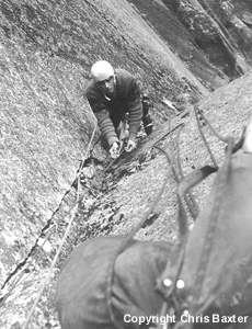 Chris Dewhirst approaching the forth belay on the 1st ascent of Ozymandias, Mt Buffalo, 1969. Photo By Chris Baxter.
