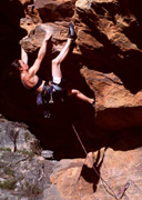 Jaqui Middleton on the lower moves of the very steep Army of Ants (27), Sentinel Cave, Grampians.