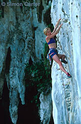 Monique Forestier leading Bas Laici/Simtoi (25) on Batman Wall near Bau on the island of Borneo, Sarawak, Malaysia.