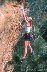 Monique Forestier on Intergalactic Lactic Spastic (32, 8b+, 5.14a) at Aliens Domain (AD), Bowens' Creek, Blue Mountains, NSW, Australia.