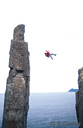 After he climbed the Totem Pole by the aid route, Simon Mentz returned across the Tyrolean Traverse so that he could abseil down the pillar to check out the possibility of a free route. His smile said it all when he returned an hour later - "it goes!".