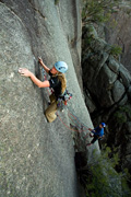 Jackie Bernardi on the crux (trad) pitch of Agrippa (23), Mt Buffalo.