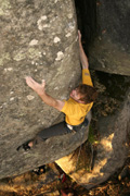 Kent Paterson fights for the first ascent of possibly Mt Alexanders best hard route. In ideal friction conditions he sticks the 'grit' and pulls to glory and fame. Name - Parklife; Grade - 25.