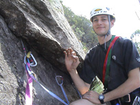 Top of pitch one belay, Stolen Car Descent Route, Grade 15.