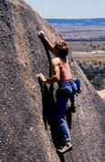 Tom Greenwood (I think I got the last name right) reaching the last moves on Question of Ethics (20) at Gravel Pit Tor