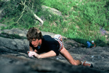 Kevin Lindorff on an FA in 11mile canyon, Colorado, 1986