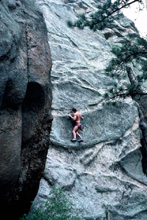 Kevin Lindorff on the FA of a 5.11a (solo) in 11mile canyon Colorado 1986