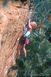 Monique Forestier on Intergalactic Lactic Spastic (32, 8b+, 5.14a) at Aliens Domain (AD), Bowens' Creek, Blue Mountains, NSW, Australia.