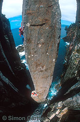 Monique Forestier becoming the first person to onsight the entire Totem Pole (leading both pitches: 24 and 25), an extraordinary 65-metre dolerite column at Cape Hauy, Tasmania, Australia.